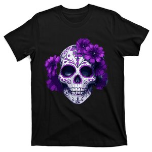 Purple Floral Black Sugar Skull Day Of The Dead Mexican Pray T-Shirt