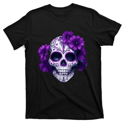 Purple Floral Black Sugar Skull Day Of The Dead Mexican Pray T-Shirt