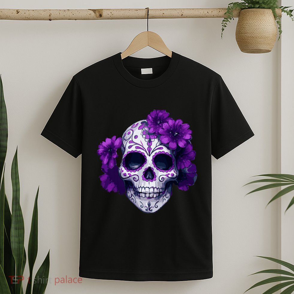 Purple Floral Black Sugar Skull Day Of The Dead Mexican Pray T-Shirt