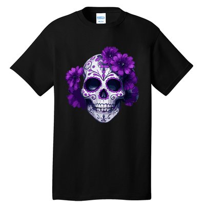 Purple Floral Black Sugar Skull Day Of The Dead Mexican Pray Tall T-Shirt