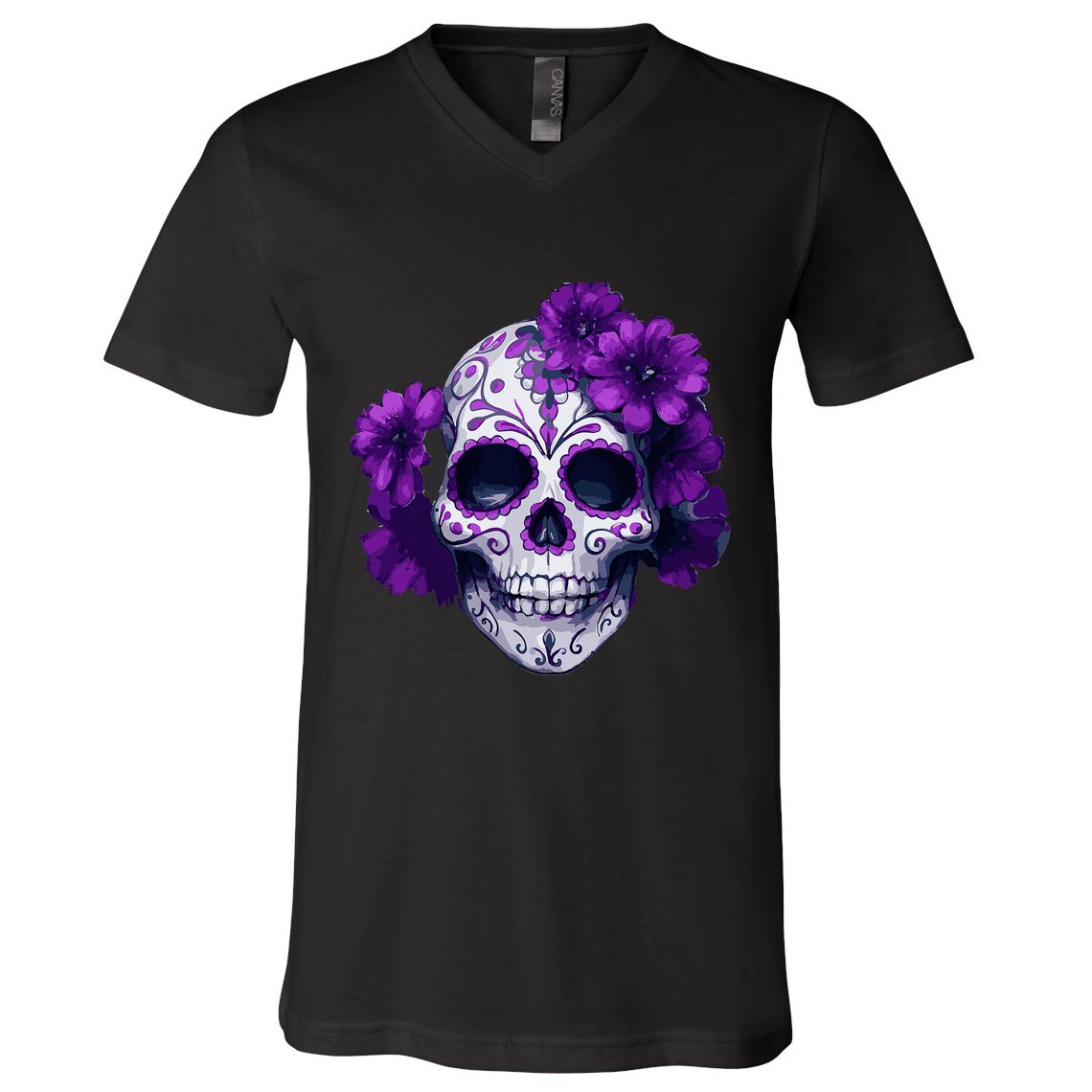Purple Floral Black Sugar Skull Day Of The Dead Mexican Pray V-Neck T-Shirt