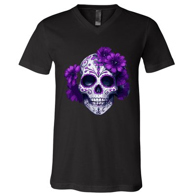 Purple Floral Black Sugar Skull Day Of The Dead Mexican Pray V-Neck T-Shirt