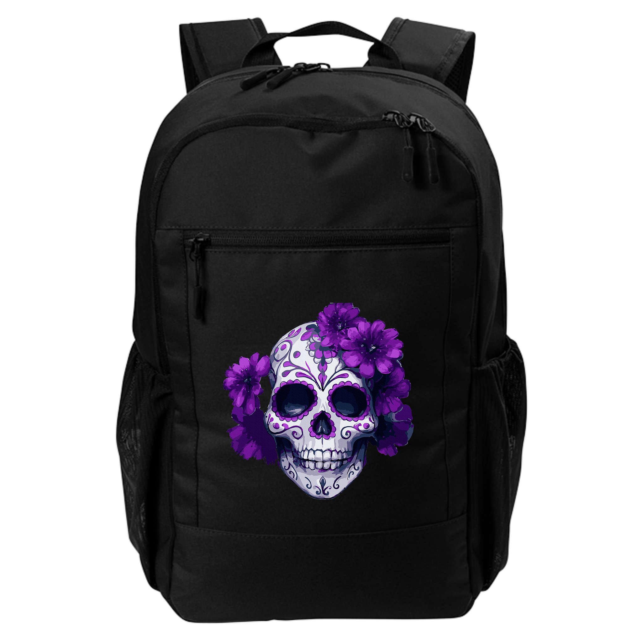 Purple Floral Black Sugar Skull Day Of The Dead Mexican Pray Backpack