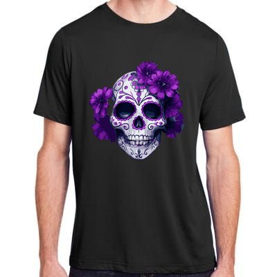 Purple Floral Black Sugar Skull Day Of The Dead Mexican Pray Adult ChromaSoft Performance T-Shirt