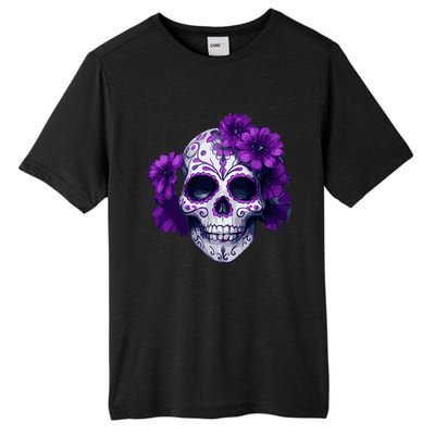 Purple Floral Black Sugar Skull Day Of The Dead Mexican Pray Tall Fusion ChromaSoft Performance T-Shirt