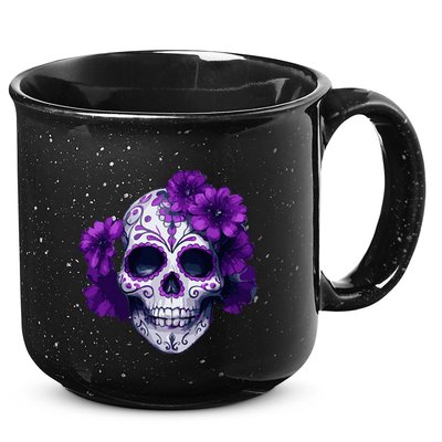Purple Floral Black Sugar Skull Day Of The Dead Mexican Pray 15oz Campfire Ceramic Mug