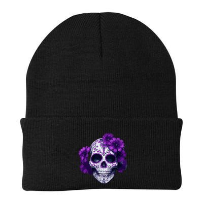 Purple Floral Black Sugar Skull Day Of The Dead Mexican Pray Beanie