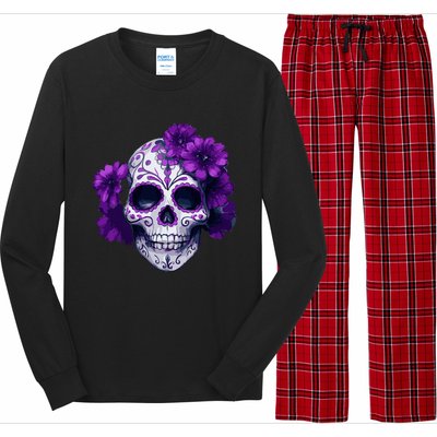 Purple Floral Black Sugar Skull Day Of The Dead Mexican Pray Long Sleeve Pajama Set