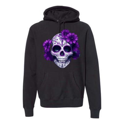 Purple Floral Black Sugar Skull Day Of The Dead Mexican Pray Premium Hoodie