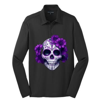 Purple Floral Black Sugar Skull Day Of The Dead Mexican Pray Silk Touch Performance Long Sleeve Polo