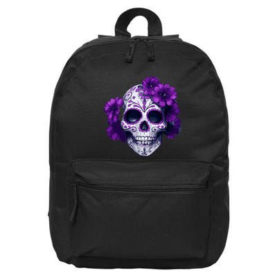 Purple Floral Black Sugar Skull Day Of The Dead Mexican Pray 16 in Basic Backpack