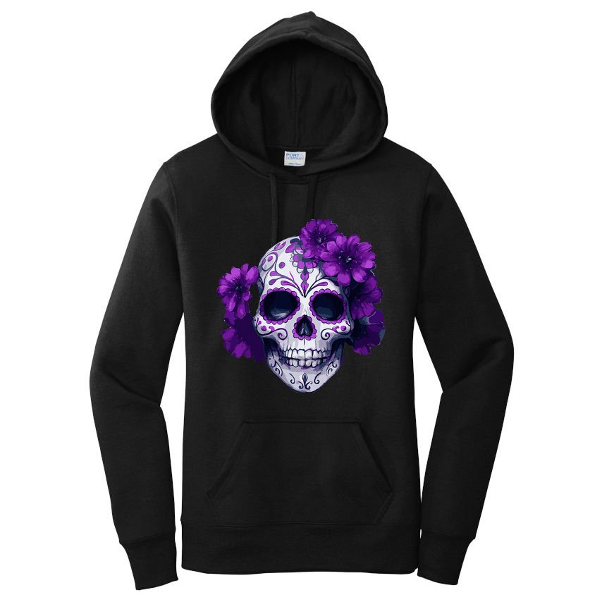 Purple Floral Black Sugar Skull Day Of The Dead Mexican Pray Women's Pullover Hoodie
