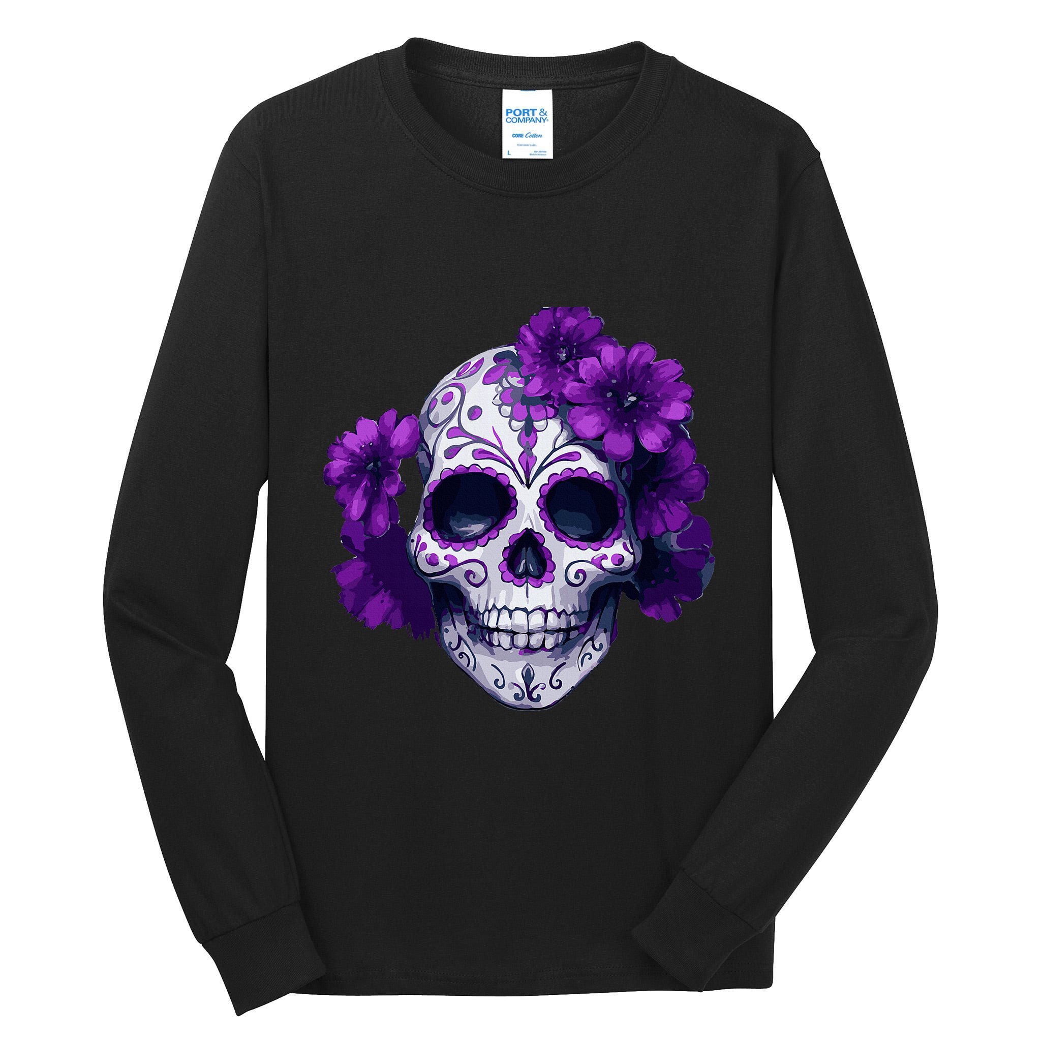 Purple Floral Black Sugar Skull Day Of The Dead Mexican Pray Tall Long Sleeve T-Shirt