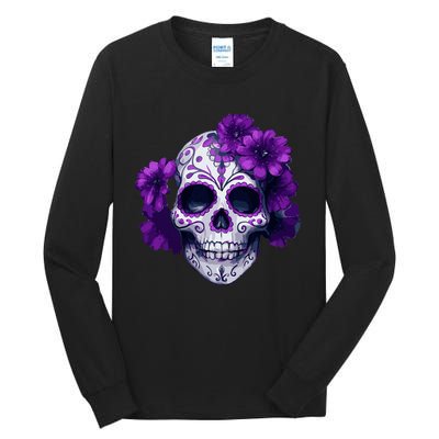 Purple Floral Black Sugar Skull Day Of The Dead Mexican Pray Tall Long Sleeve T-Shirt