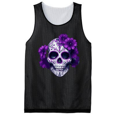 Purple Floral Black Sugar Skull Day Of The Dead Mexican Pray Mesh Reversible Basketball Jersey Tank