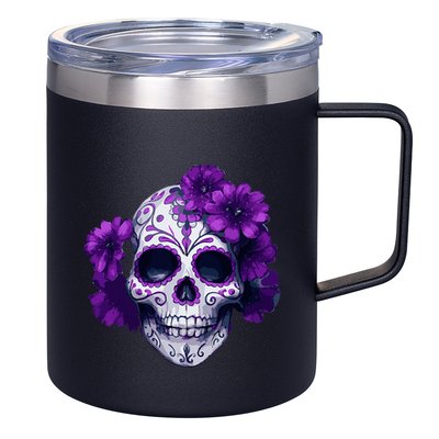 Purple Floral Black Sugar Skull Day Of The Dead Mexican Pray 12oz Stainless Steel Coffee Mug
