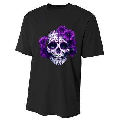 Purple Floral Black Sugar Skull Day Of The Dead Mexican Pray Performance Sprint T-Shirt