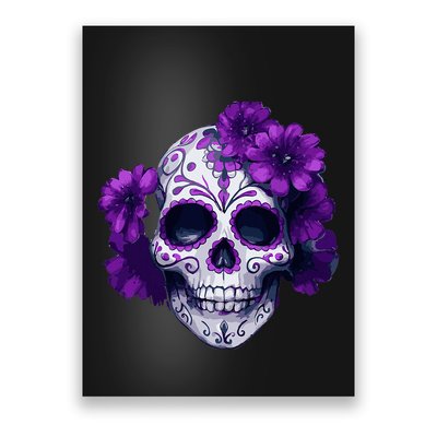 Purple Floral Black Sugar Skull Day Of The Dead Mexican Pray Poster