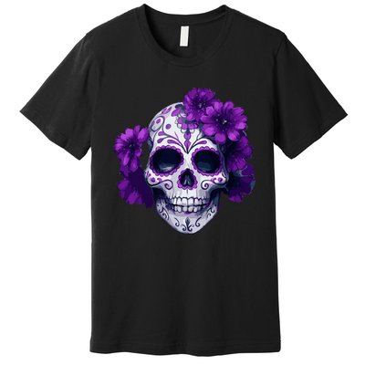 Purple Floral Black Sugar Skull Day Of The Dead Mexican Pray Premium T-Shirt