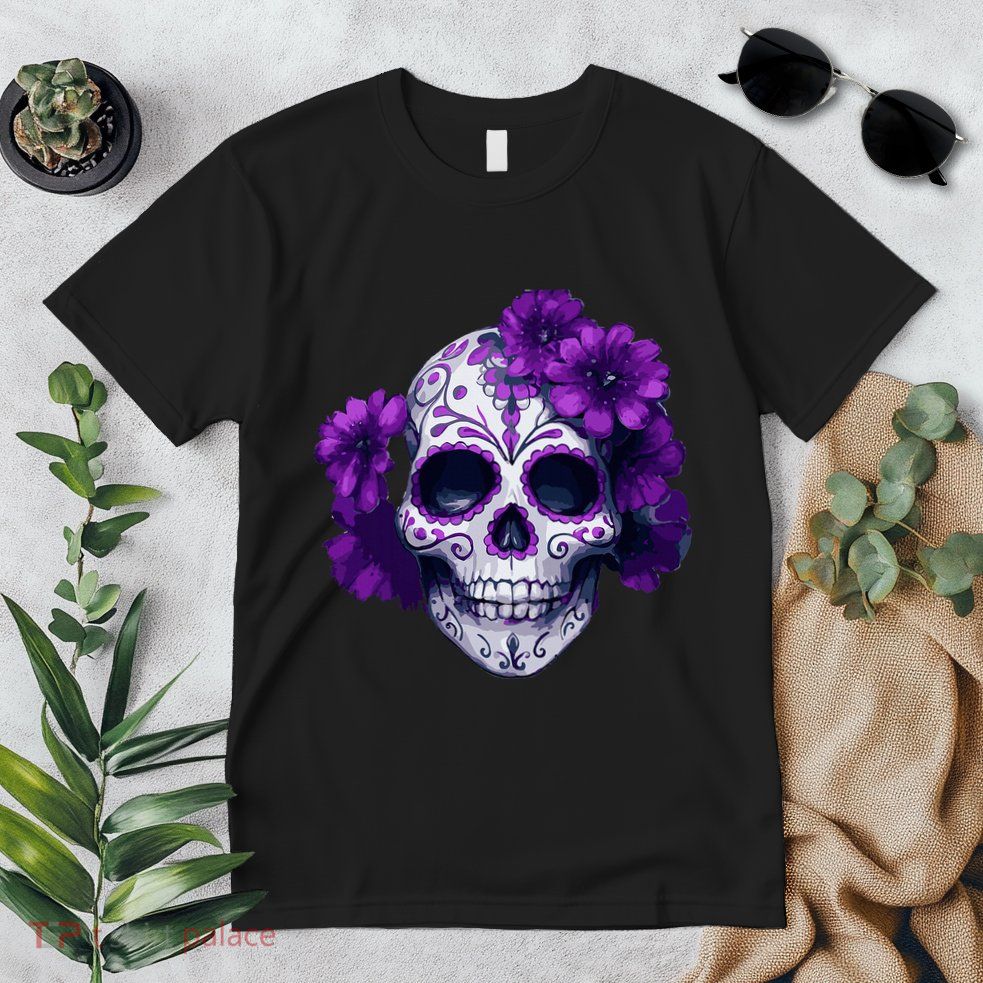 Purple Floral Black Sugar Skull Day Of The Dead Mexican Pray Premium T-Shirt