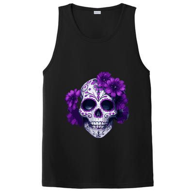 Purple Floral Black Sugar Skull Day Of The Dead Mexican Pray PosiCharge Competitor Tank