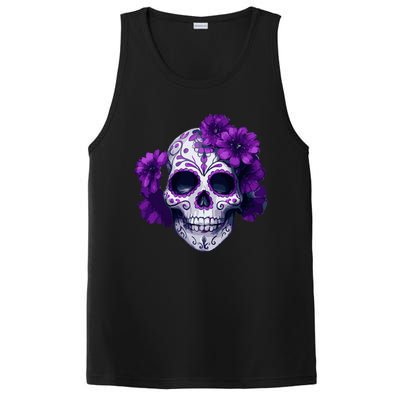 Purple Floral Black Sugar Skull Day Of The Dead Mexican Pray PosiCharge Competitor Tank