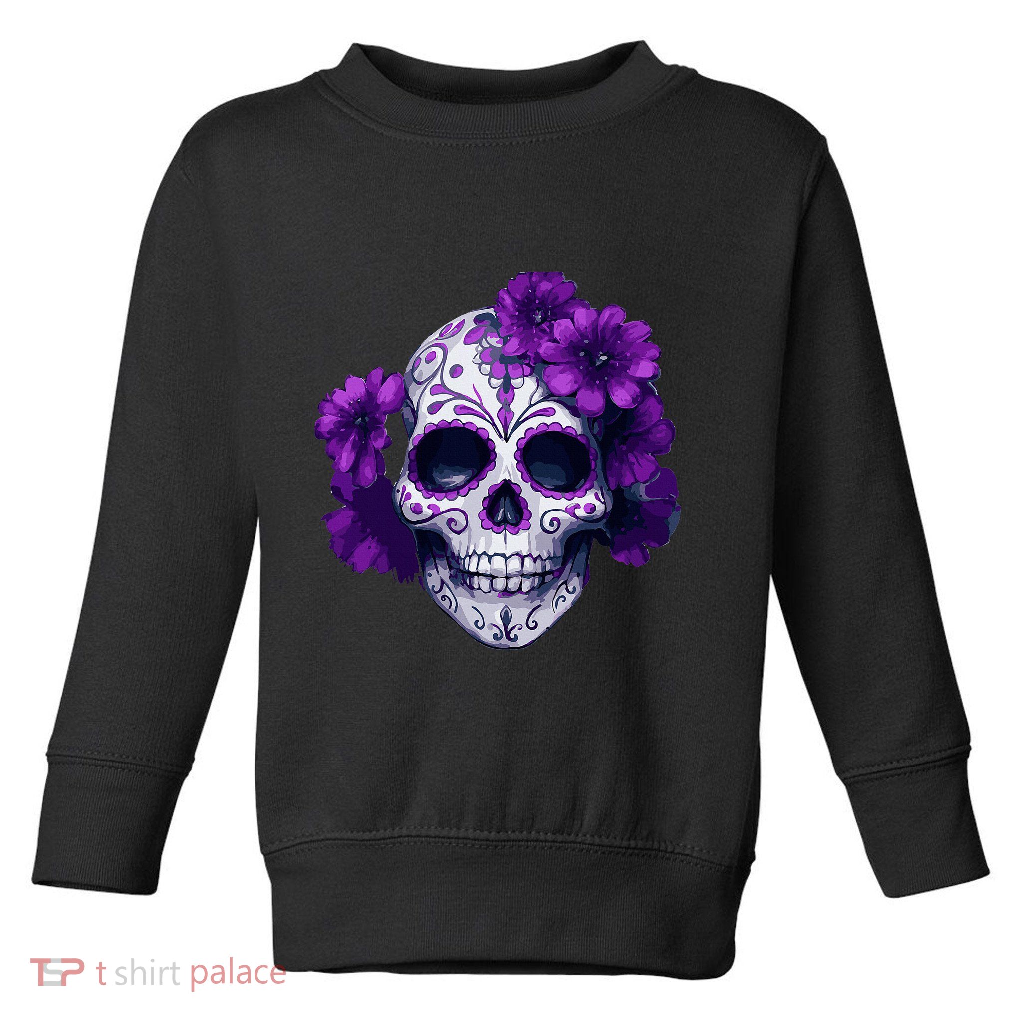 Purple Floral Black Sugar Skull Day Of The Dead Mexican Pray Toddler Sweatshirt