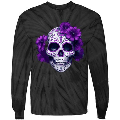 Purple Floral Black Sugar Skull Day Of The Dead Mexican Pray Tie-Dye Long Sleeve Shirt