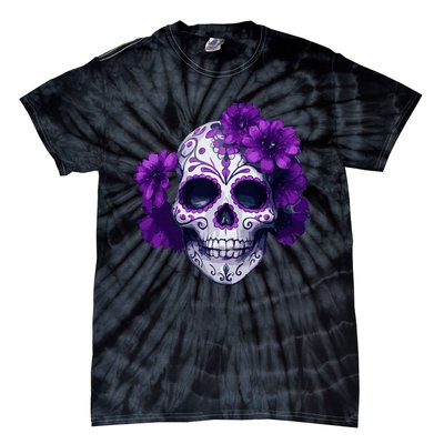 Purple Floral Black Sugar Skull Day Of The Dead Mexican Pray Tie-Dye T-Shirt