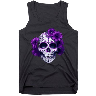 Purple Floral Black Sugar Skull Day Of The Dead Mexican Pray Tank Top