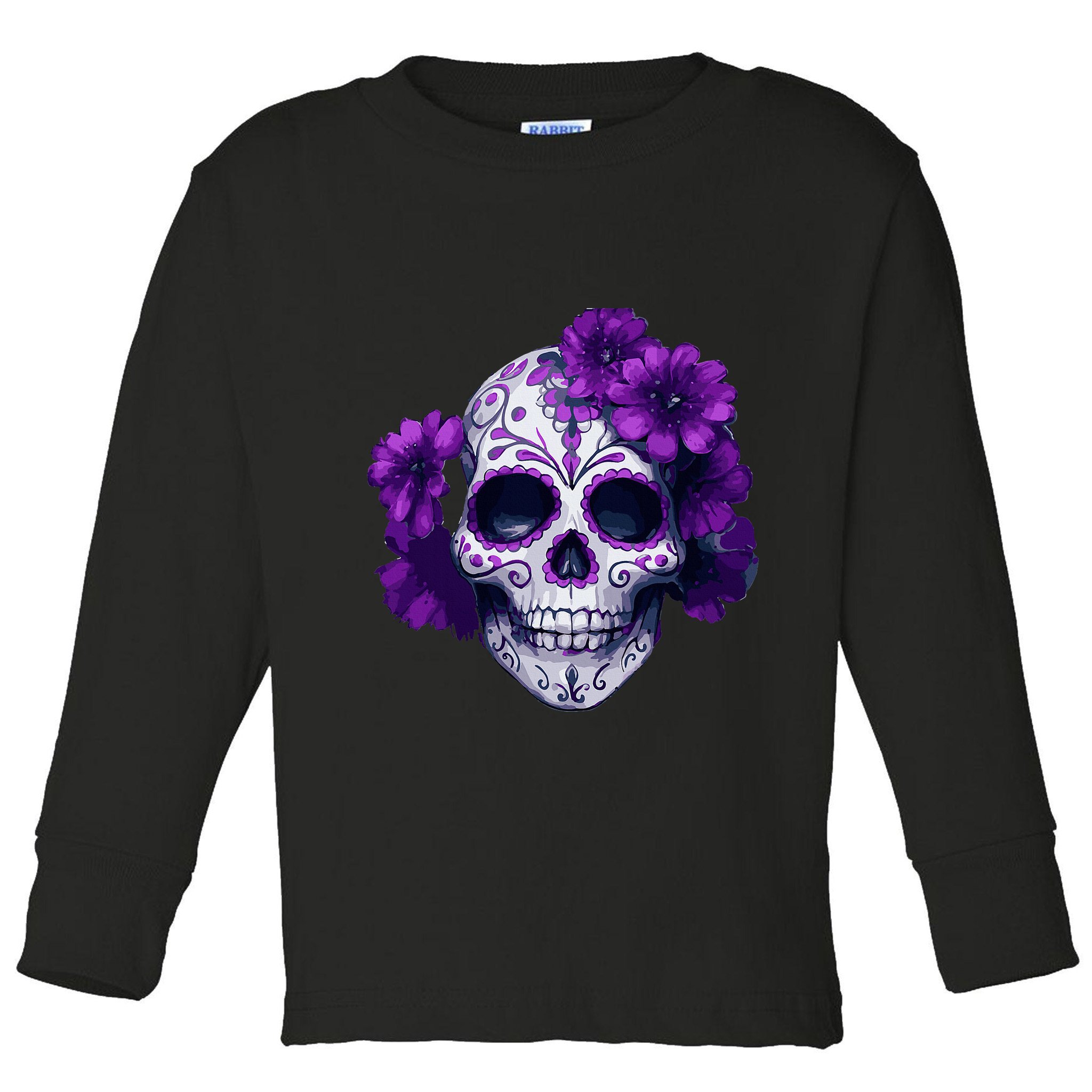 Purple Floral Black Sugar Skull Day Of The Dead Mexican Pray Toddler Long Sleeve Shirt