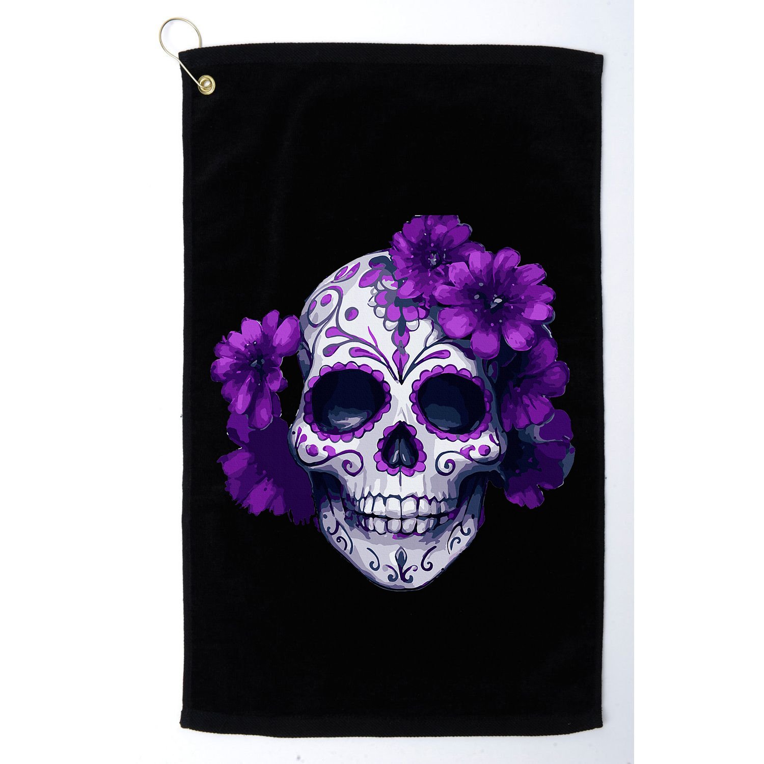 Purple Floral Black Sugar Skull Day Of The Dead Mexican Pray Golf Towel