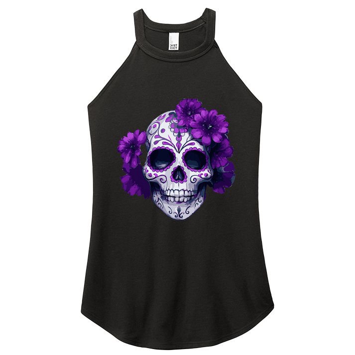 Purple Floral Black Sugar Skull Day Of The Dead Mexican Pray Women's Perfect Tri Rocker Tank