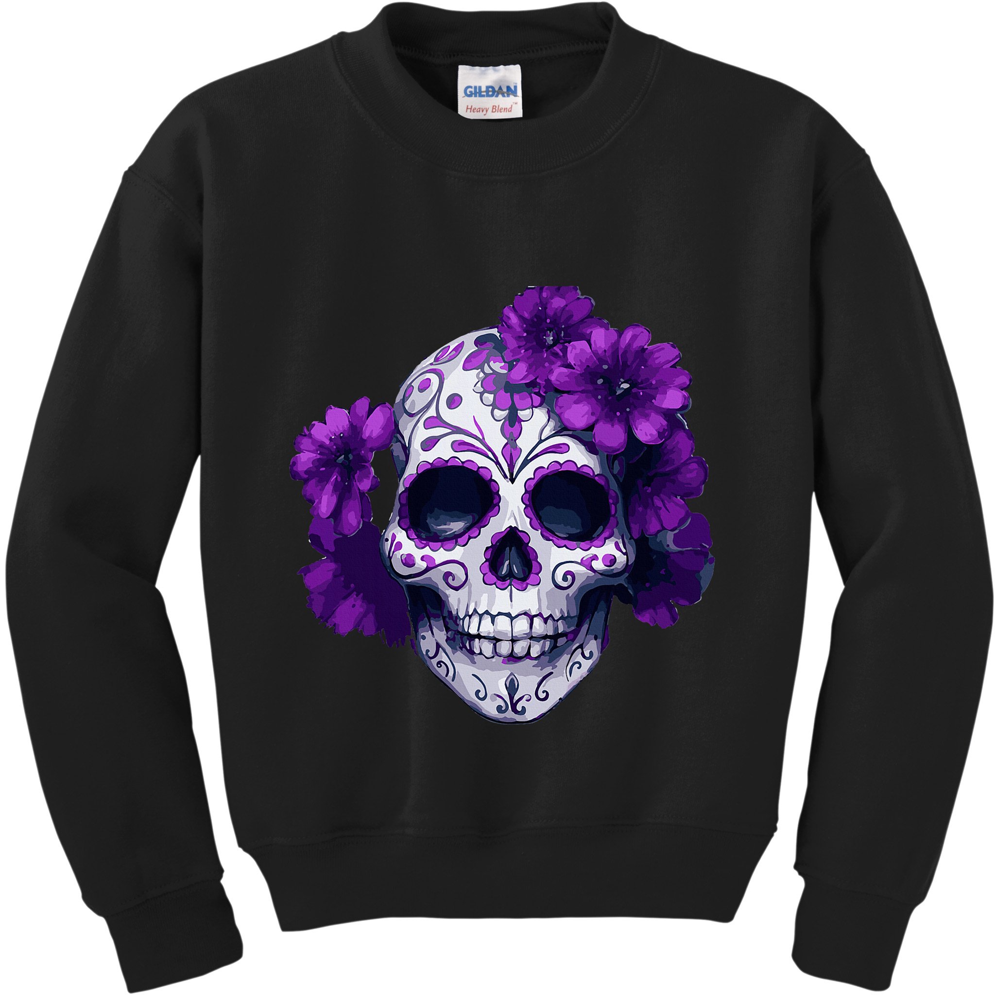 Purple Floral Black Sugar Skull Day Of The Dead Mexican Pray Kids Sweatshirt
