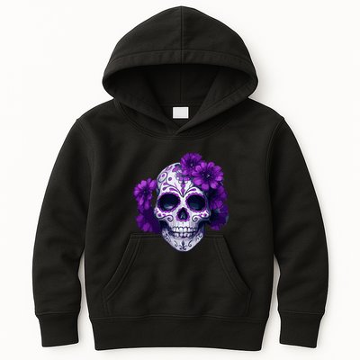 Purple Floral Black Sugar Skull Day Of The Dead Mexican Pray Kids Hoodie