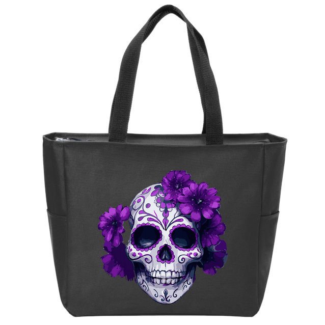Purple Floral Black Sugar Skull Day Of The Dead Mexican Pray Zip Tote Bag