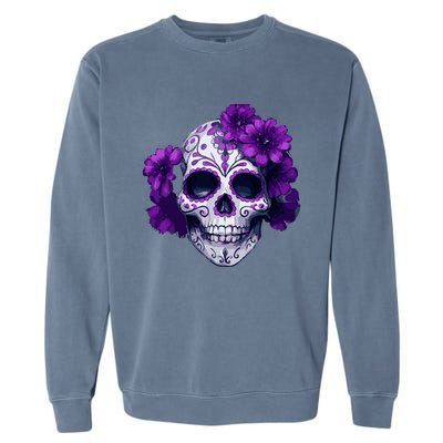 Purple Floral Black Sugar Skull Day Of The Dead Mexican Pray Garment-Dyed Sweatshirt