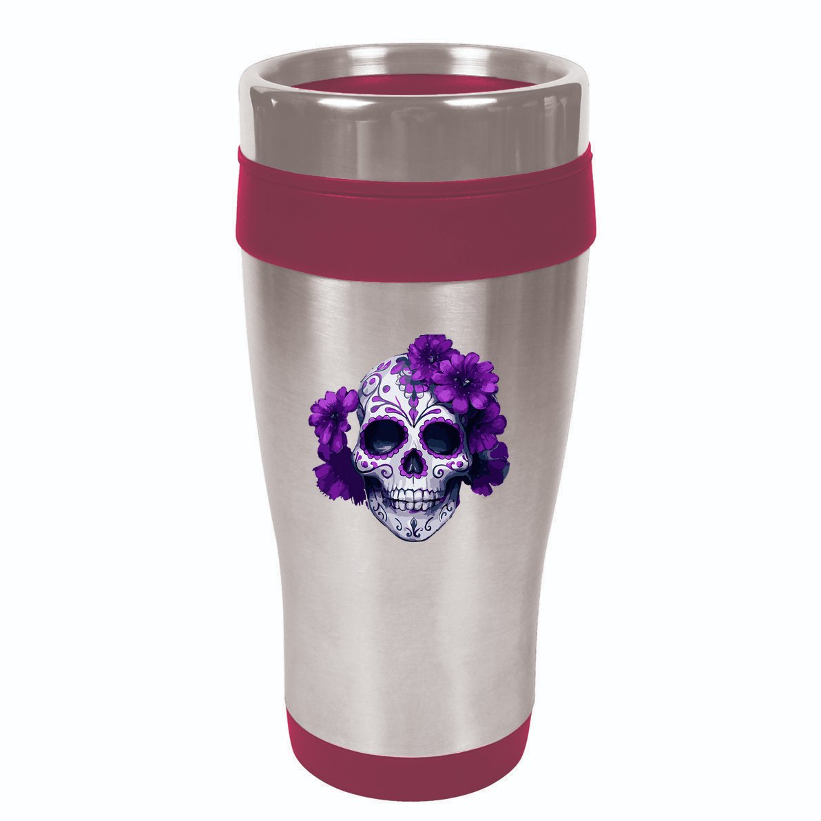 Purple Floral Black Sugar Skull Day Of The Dead Mexican Pray 16oz Travel Tumbler