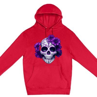 Purple Floral Black Sugar Skull Day Of The Dead Mexican Pray Premium Pullover Hoodie