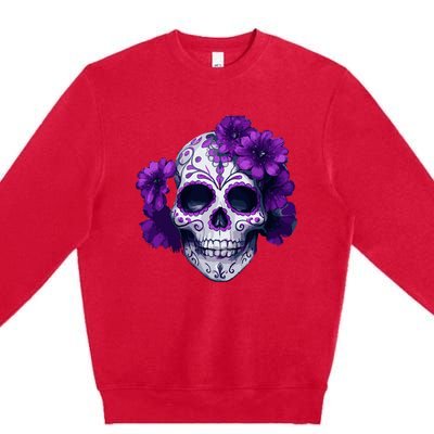 Purple Floral Black Sugar Skull Day Of The Dead Mexican Pray Premium Crewneck Sweatshirt