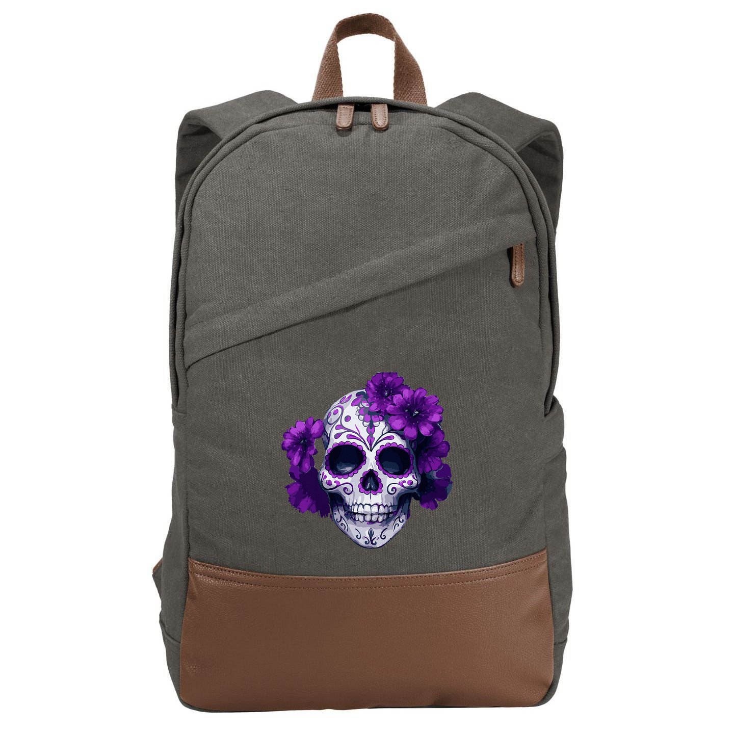Purple Floral Black Sugar Skull Day Of The Dead Mexican Pray Cotton Canvas Backpack