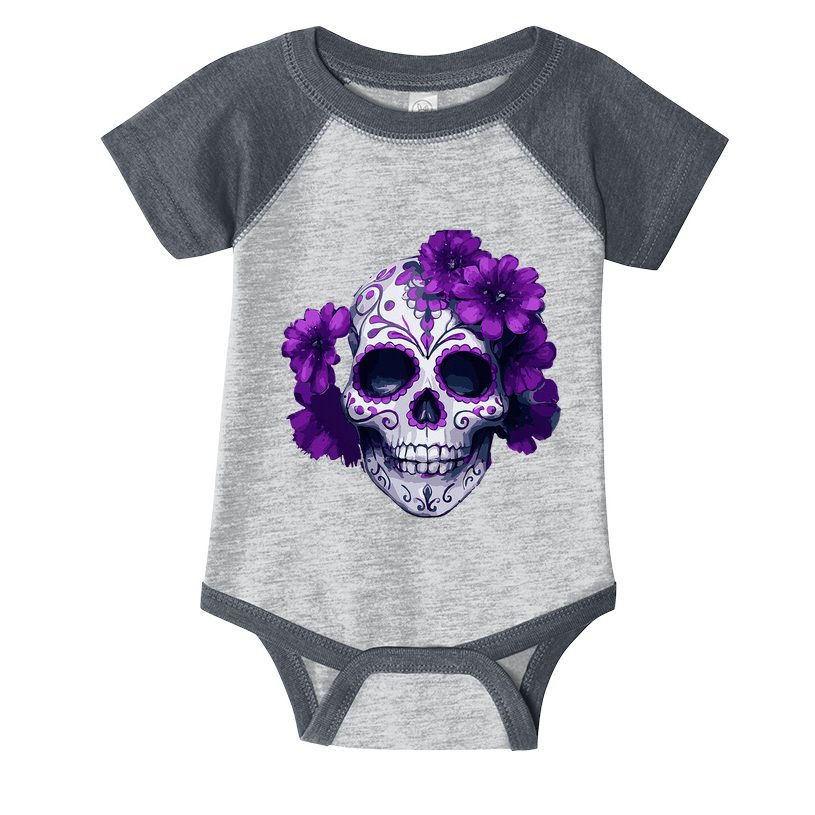 Purple Floral Black Sugar Skull Day Of The Dead Mexican Pray Infant Baby Jersey Bodysuit