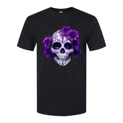 Purple Floral Black Sugar Skull Day Of The Dead Mexican Pray Softstyle CVC T-Shirt