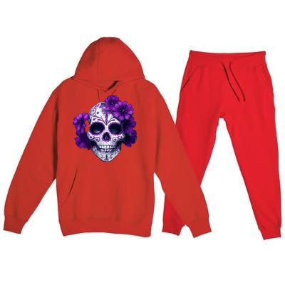 Purple Floral Black Sugar Skull Day Of The Dead Mexican Pray Premium Hooded Sweatsuit Set