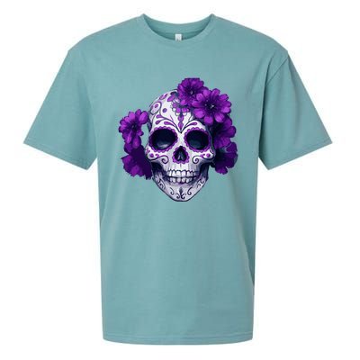 Purple Floral Black Sugar Skull Day Of The Dead Mexican Pray Sueded Cloud Jersey T-Shirt