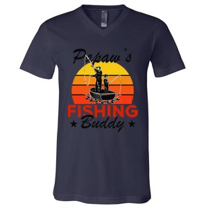 Papaws Fishing Buddy Funny Retro Dad Son Gift For Fisherman V-Neck T-Shirt