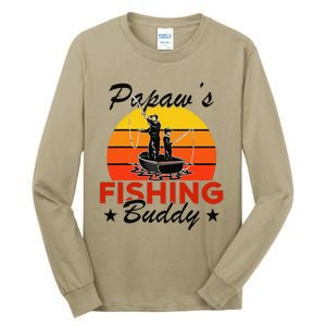 Papaws Fishing Buddy Funny Retro Dad Son Gift For Fisherman Tall Long Sleeve T-Shirt