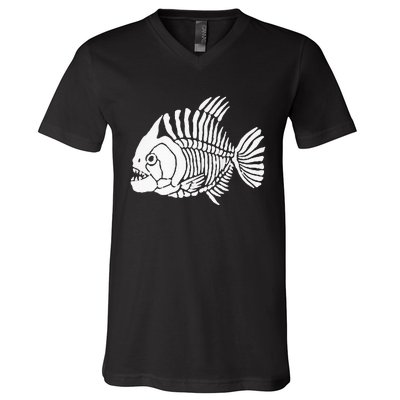 Piranha Fish Bone Design V-Neck T-Shirt