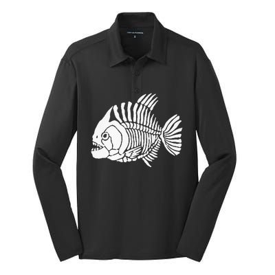 Piranha Fish Bone Design Silk Touch Performance Long Sleeve Polo