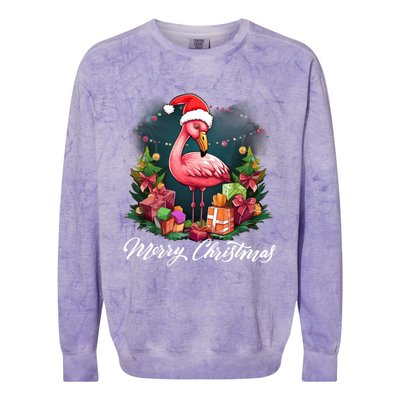 Pink Flamingo Christmas Lighting Xmas Tree Santa Hat Pajama Gift Colorblast Crewneck Sweatshirt